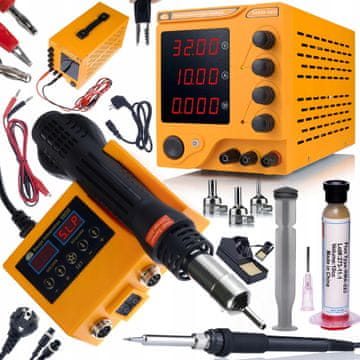 Rosfix Laboratorijsko napajanje AmpRush RARES-3210 32V 10A + stanica za lemljenje 2u1 vrući zrak Orange Husky OH660 serija Electric S + topnik RMA-223 s tlačicom i iglom