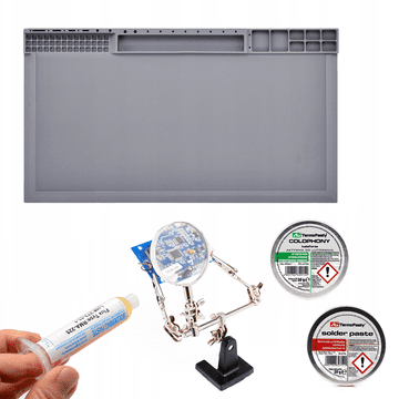 Silikonska siva antistatička podloga 38x21cm + Kolofonij 20g + Pasta za lemljenje 20g + Topitelj u gelu RMA-223 10cc + Treća ruka s lupom - montažni držač
