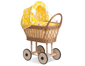 MY SWEET BABY Visoka, pletena kolica za lutke s ažurnim pletenjem, žutom posteljinom i podstavom od veronike - prirodna