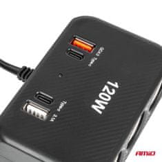 AMIO Razdjelnik za upaljač s punjačem 2x USB-A 1x USB-C QC4.0 12V 24V 120W 80cm -04366