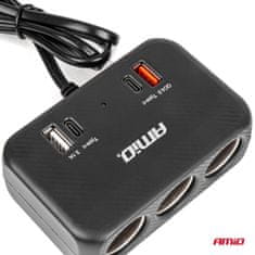 AMIO Razdjelnik za upaljač s punjačem 1x USB-A 1x USB-C QC4.0 12V 24V 120W 80cm -04365