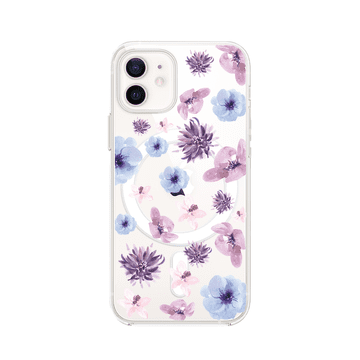Futrola za iPhone 12 s MagSafeom, prozirna, fleksibilna silikonska, plava, ljubičasto cvijeće