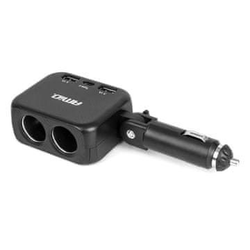 AMIO Razdjelnik za upaljač s punjačem 2x USB-A 1x USB-C 12V 24V 100W 180° -04357