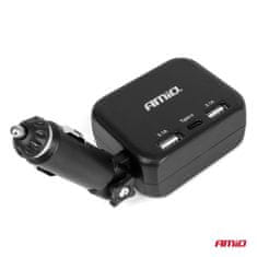 AMIO Razdjelnik za upaljač s punjačem 2x USB-A 1x USB-C 12V 24V 100W 180° -04357