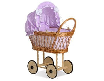 MY SWEET BABY Visoka, ažurna pletena kolica za lutke s ljubičastom posteljinom i podstavom VERONICA - prirodna