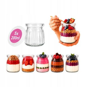 5x Staklenke za desert 200 ml Rebrasta staklenka s poklopcem za jogurt
