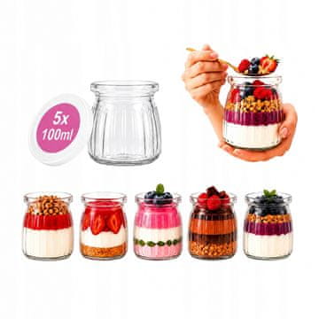 5x Staklenke za desert 100 ml Rebrasta staklenka s poklopcem za jogurt