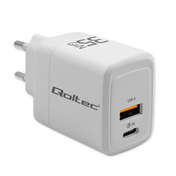 Qoltec 35W GaN zidni punjač | 5-20V | 1,5-3A | 1xUSB-C PD | 1xUSB QC 3.0 | Bijeli