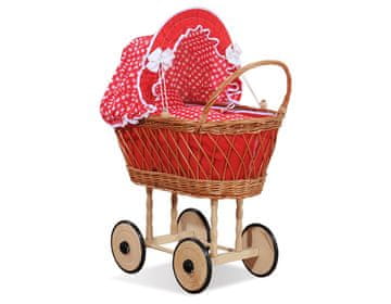 MY SWEET BABY Visoka, ažurna pletena kolica za lutke s crvenom posteljinom i podstavom Veronica - prirodna