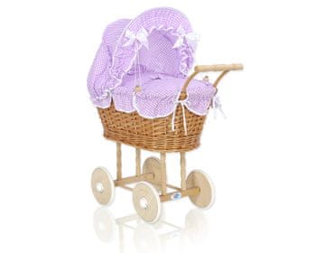 MY SWEET BABY Visoka pletena kolica za lutke s ljubičastom posteljinom i podstavom NATALIA natural