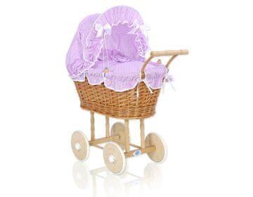 MY SWEET BABY Visoka pletena kolica za lutke s ljubičastom posteljinom i podstavom NATALIA natural