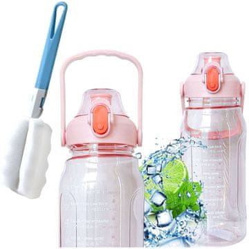 Boca sa slamkom za pitku vodu 1,5l, motivacijska, s podsjetnikom, s motivacijskom mjernom posudicom, s ručkom, roza + četka za pranje