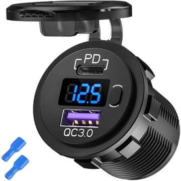 USB auto punjač QC 3.0 + USB-C Type-C PD adapter za auto upaljač, LED voltmetar 48W, staklo za telefon, crna boja