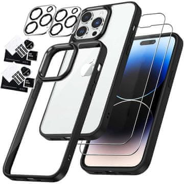 Futrola za iPhone 14 Pro + set od 4 naočale 5u1 oklopljene 360 Hybrid 2x staklo za ekran + 2x leće crne i prozirne