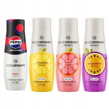 4 Syropy Sodrastream Pepsi Max Cherry i Lemoniada Zero, Grejpfrut i Marakuja