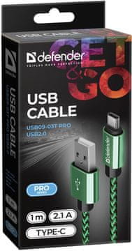 Defender Kabel usb defender am-type c 1m 2,1a zeleno-crn