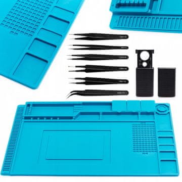 Silikonska plava antistatička podloga 450x300mm TE-501 + 6 pinceta + džepna lupa