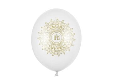 PartyDeco IHS Lateks baloni za svetu pričest, 30 cm, bijeli metalik (1 pakiranje / 6 kom.)