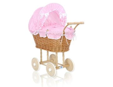 MY SWEET BABY Visoka pletena kolica za lutke s ružičastom posteljinom i podstavom NATALIA natural