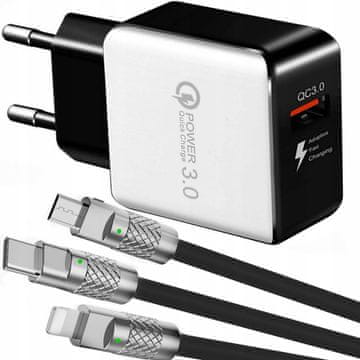 Brza mrežna punjač qc 3.0 + pancirni kabel za iphone micro usb-c 3 u 1
