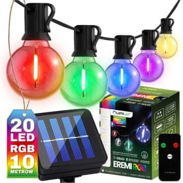 LUMILED Solarna vrtna girlanda 20x LED ukrasne žarulje G50 10,6 m 3000K rgb + daljinski upravljač eremi lumiled