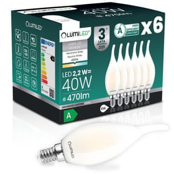 LUMILED 6x LED žarulja E14 svijeća BA35 2.2W 470lm = 40W 4000K neutralna 360° žarna niti klasa a osvjetljena