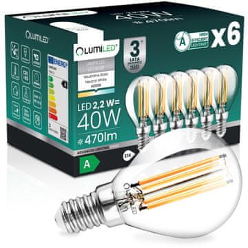 LUMILED 6x LED žarulja E14 kugla P45 2.2W 470lm = 40W 4000K neutralna 360° žarna niti klasa a osvjetljena