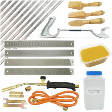 Komplet za polaganje lima: limenke 10 kom, pasta 1 kg, vosak, špatule, blanjalica, rašpe, plamenik