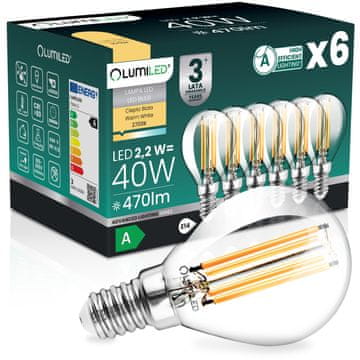 LUMILED 6x LED žarulja E14 kugla P45 2.2W 470lm = 40W 2700K Topla 360° žarna nit klase a