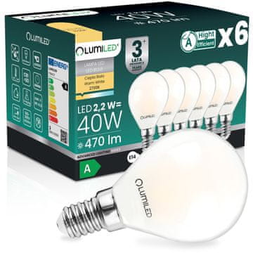 LUMILED 6x LED žarulja E14 kugla P45 2.2W 470lm = 40W 2700K Topla 360° žarna nit klase a