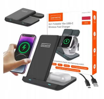ZENWIRE 3-u-1 USB-C bežični punjač za pametne telefone, satove, TWS slušalice, Airpods, Buds, X12