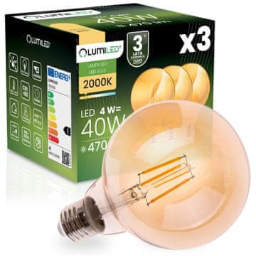 LUMILED 3x LED žarulja E27 kugla G95 4W = 40W 470LM 2000K Topla 360° jantarna luminirana žarna niti