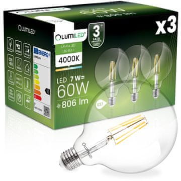 LUMILED 3x LED žarulja E27 sferna G125 7W = 60W 806lm 4000K neutralna 360° luminirana žarna nit