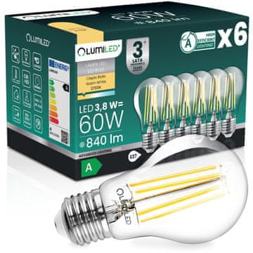 LUMILED 6x LED žarulja E27 A60 3,8 W 840 lm = 60 W 2700 K Topla 360° žarna nit klase a