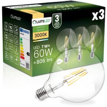 LUMILED 3x LED žarulja E27 sferna G125 7W = 60W 806lm 3000K topla 360° luminirana žarna nit