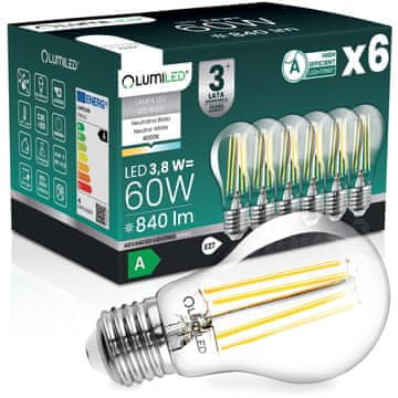 LUMILED 6x LED žarulja E27 A60 3,8 W 840 lm = 60 W 4000 K Neutralna 360° žarna niti Klasa a osvjetljena