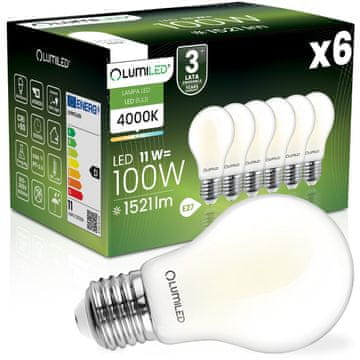 LUMILED 6x LED žarulja E27 A60 11W = 100W 1521lm 4000K Neutralna 360° Lumiled Filament