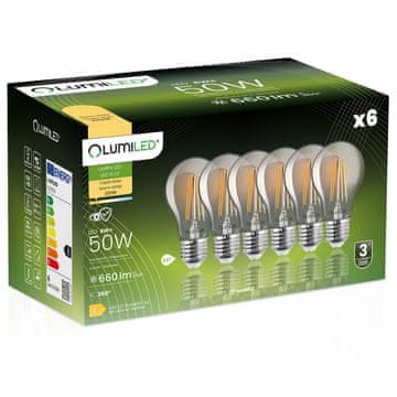 LUMILED 6x LED žarulja E27 A60 6W = 50W 660lm 2200K Topla 360° dimljena luminirana žarna nit
