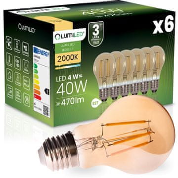 LUMILED 6x LED žarulja E27 A60 4W 470LM = 40W 2000K Topla 360° žarulja s jantarnom niti