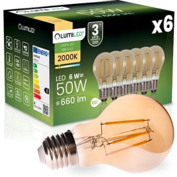 LUMILED 6x LED žarulja E27 A60 6W 660LM = 50W 2000K Topla 360° žarulja s jantarnom niti
