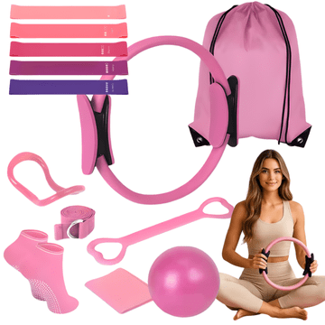 Set za pilates fitness joga 13u1, obruč za pilates, trake otpora, ružičasta, fitness1