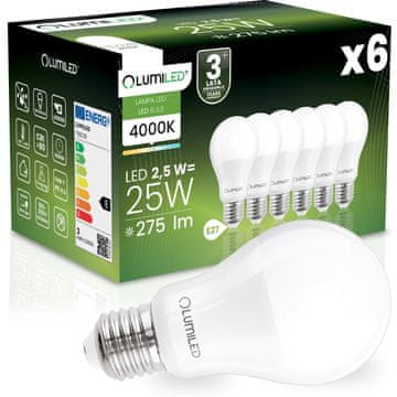 LUMILED 6x LED žarulja E27 A60 2,5 W = 25 W 275 lm 4000 K Neutralno 260° osvjetljenje
