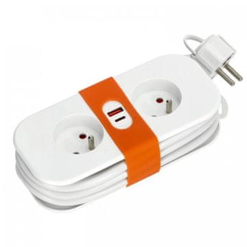 Produžni kabel, 2 utičnice, 230V + USB, 1,4m, uzemljen, 3x1,5mm kabel, bijeli