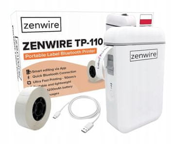 ZENWIRE Prijenosni termalni pisač za etikete i naljepnice, Bluetooth USB-C, Zenwire TP-110