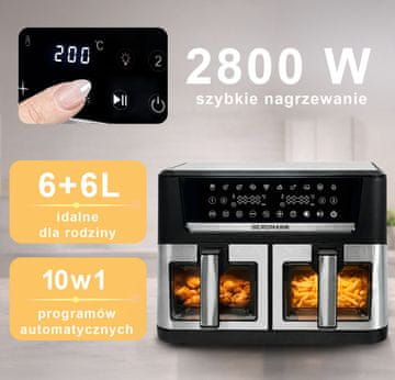 YO friteza bez masnoće, 2 horizontalne komore, 6l + 6l, 2800W N
