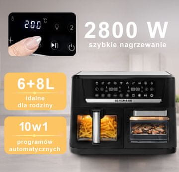 YO friteza bez masnoće, 2 horizontalne komore, 6l + 8l, 2800W N