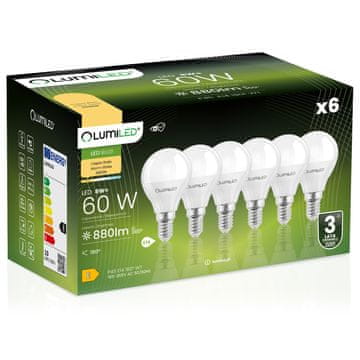 LUMILED 6x LED žarulja E14 kugla P45 8W = 60W 880lm 3000K Topla svjetlost 180°