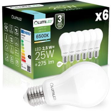 LUMILED 6x LED žarulja E27 A60 2,5 W = 25 W 275 lm 6500 K hladno osvjetljenje 260°