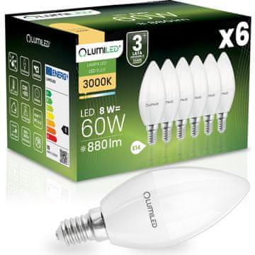 LUMILED 6x LED žarulja E14 svijeća B35 8W = 60W 880lm 3000K Topla svjetlost 180°