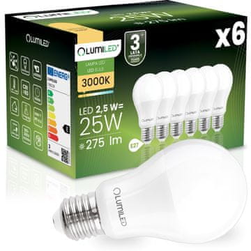 LUMILED 6x LED žarulja E27 A60 2,5 W = 25 W 275 lm 3000 K Topla svjetlost 260°